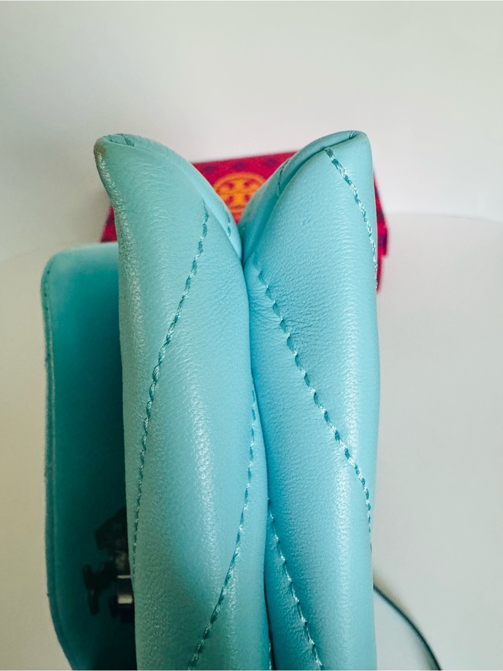 Tory Burch Kira Chevron Leather WOC Chain Wallet WOC Celeste Turquoise Aqua Blue - Picture 7 of 10